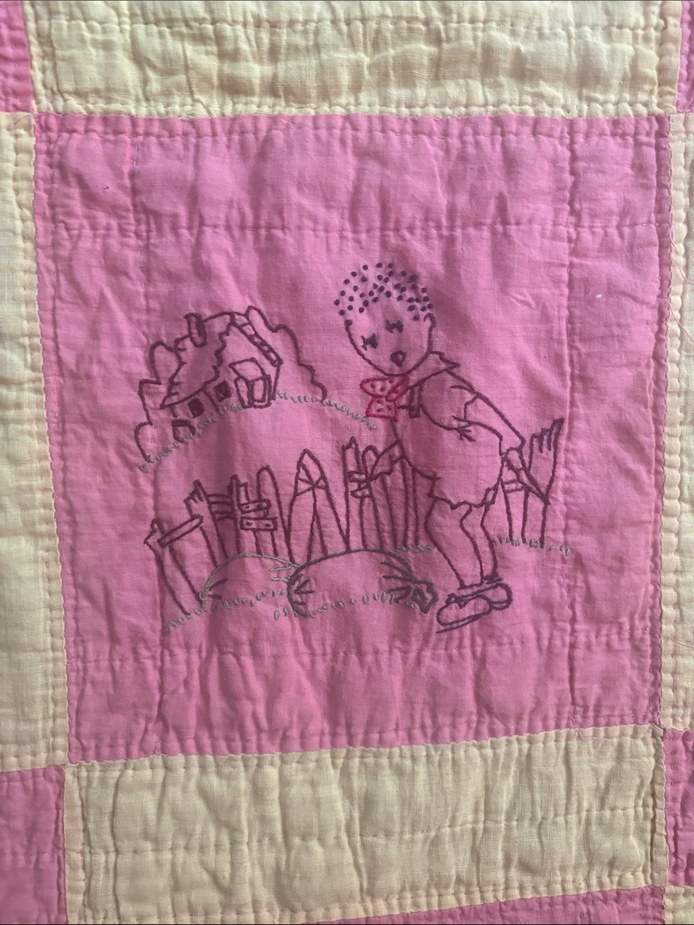 Vintage Pink and Yellow Patchwork Baby Quilt with Embroidered Design